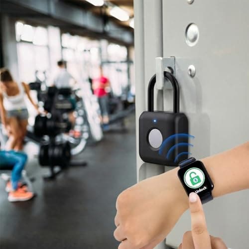 Fingerprint Padlock Phone Watch App Gym Locker Lock: Keyless Padlock eLinkSmart Combination Lock - Black Metal Bluetooth Remote for Locker Backpack Suitcase Luggage - Thumbnail 2