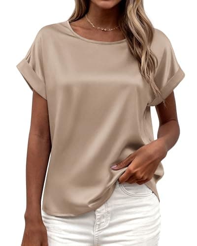BTFBM Summer Tops for Women 2026 Dressy Satin Blouses Loose Crew Neck Short Sleeve Shirts Work Business Casual Outfits(Khaki, XX-Large) - Image 1
