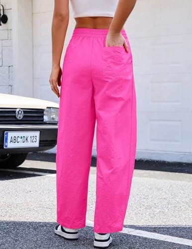 LOOKBOHO Women's Summer Pants 2026 Cargo High Waist Travel Wide Leg Baggy Parachute Casual Drawstring Lightweight Hiking Trouser Streetwear with Pockets Hot Pink Large - Thumbnail 3