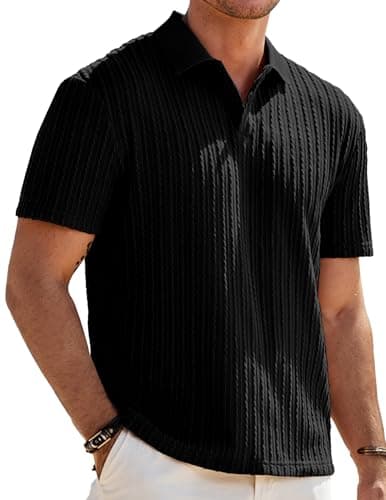 JMIERR Mens Golf Polo Shirt Short Sleeve Casual Fashion Cool Shirts Button Down Knit Textured Men Gift, L, Black - Image 1