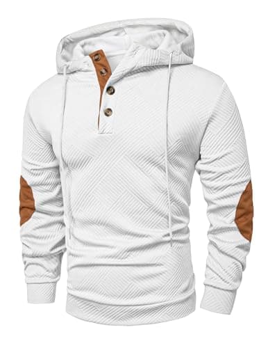 JMIERR Hoodies for men Casual Cotton Textured Long Sleeve Quarter Collar Drawstring Button Early Fall Fashion Pullover Hooded Fall Sweatshirts, S, White - Image 1