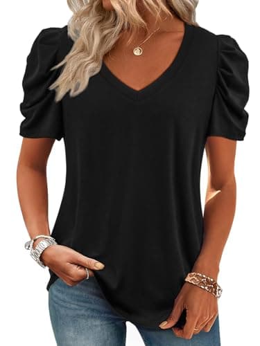 ATHMILE Womens Blouse Dressy Casual V Neck Puff Short Sleeve Tshirts Boho Fashion Summer Spring Tunic Top Clothes Black - Image 1