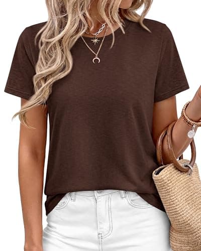 KIRUNDO Short Sleeve Tops for Women Summer Trendy Casual Crew Neck Plain T Shirts Soft Knit Basic Tunic Tees Fashion Clothing(Brown, Small) - Image 1