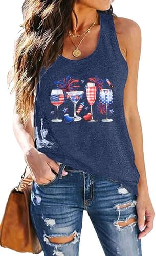 American Flag T Shirt Women 4th of July Tank Tops Red White and Blue Shirts Funny Wine Glass Graphic Patriotic Tees - Image 1