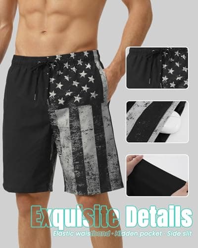 9 Inch 9in Men Swim Trunks Compression Liner Quick Dry Pocket Lined Inseam American Flag 4th July Red White Blue USA Patriotic Male Swimwear Swimsuit Swimtrunks Boardshorts Bathing Suit Beach Short - Thumbnail 4