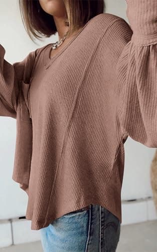 BTFBM Womens Fall Fashion 2026 Long Sleeve Shirts Casual V Neck Ribbed Knit Blouses Pullover Trendy Loose Fit Tunic Tops(Solid Khaki, Medium) - Thumbnail 5