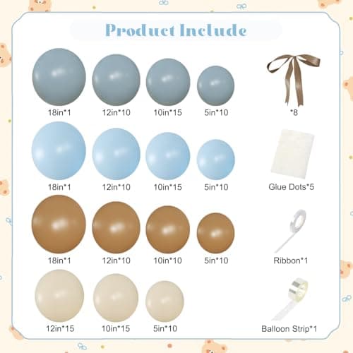 NUTTYBASH Dusty Blue and Brown Balloon Arch Kit, 151Pcs Bear Baby Shower Decorations Macaron Blue Brown Balloons with Bows for Gender Reveal Baby Shower Birthday Decorations - Thumbnail 5