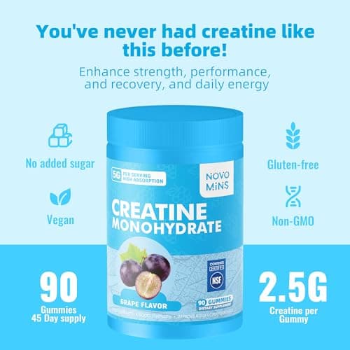 novomins Creatine Monohydrate Gummies 5000mg for Men & Women, Chewables Creatine Monohydrate for Muscle Strength, Muscle Builder, Energy Boost, Pre-Workout Supplement(90 Count)-Grape Flavor. - Thumbnail 5