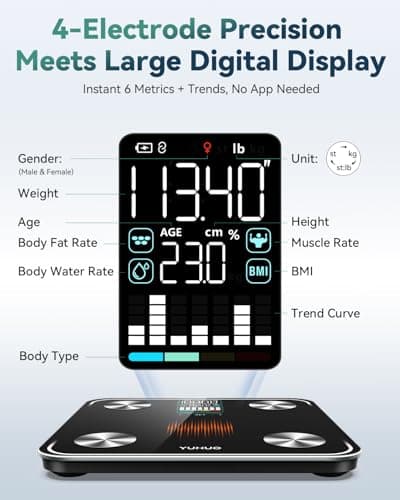 YUHUO Smart Scale for Body Weight, 4-Electrode BIA Body Composition Scale with High Precision, Large LED Display, Digital Bathroom Scale for BMI, Body Fat, Muscle Mass, 18 Metrics Sync APP, 400lb - Thumbnail 2