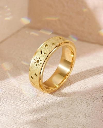 Fidget Toys Adults Anxiety Ring-Fidget Ring Women Men Stress Relief Spinner Fidget Toys Stainless Steel Band with Hollowed Sun Moon Star Sandblasted Surface 6mm Width,18K Gold/Silver Size 6-11 Unisex - Thumbnail 6