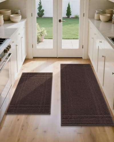 JSEI Kitchen Mats for Floor, Non-Slip Kitchen Rugs, Soft Washable Absorbent Kitchen Mats 2 PCS, Kitchen Runner Rug with TPR Backing, Polyester, 20"x32"+20"x48", Brown - Image 1