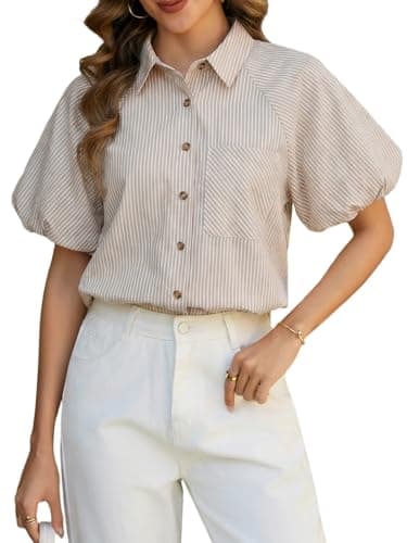 IYICLOTH Women's Striped Button Down Shirts Summer Puff Short Sleeve Tops Relaxed Fit Blouses for Women Dressy Casual,XL Khaki - Image 1