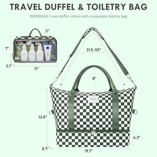 WOOMADA Weekender Overnight Bag for Women, Carry on Shoulder Travel Duffel with Shoes Compartment,Gym Bag with Toiletry Bag(green checkerboard) - Thumbnail 2