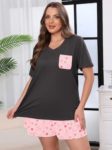 AusLook Plus Size Pajama Set for Women 2 Piece V Neck Short Sleeve Loungewear 2X Set with Pajama Printed Shorts Summer Sleepwear Loose Fit 1X-5X - Thumbnail 2