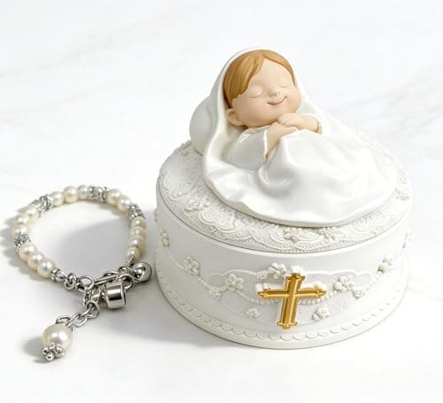 WANCHIY Baptism Gifts for Girl – Baby Baptism Figurine with Cross Keepsake Box, Pearl Bracelet with Cross Charm & 2 Charms - Catholic Keepsake Set Christening Gifts for Girls - Image 1