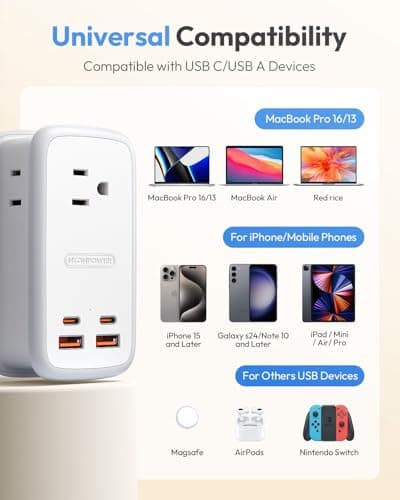 NTONPOWER GAN Ultra 65W USB Charging Station, 7 in 1 Travel Power Strip with 3 Outlets 4 USB (2 USB C), Extension Cord 4ft, Travel Essentials, Cruise Power Strip Compatible with MacBook, iPhone, White - Thumbnail 6