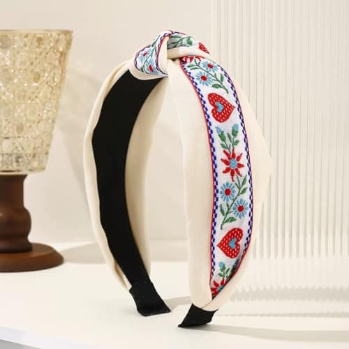 EENSYWEENSY 2 Pack Embroidered Floral Knotted Headbands, Vintage Boho Jacquard Fabric Ribbon Hair Accessory - Thumbnail 6