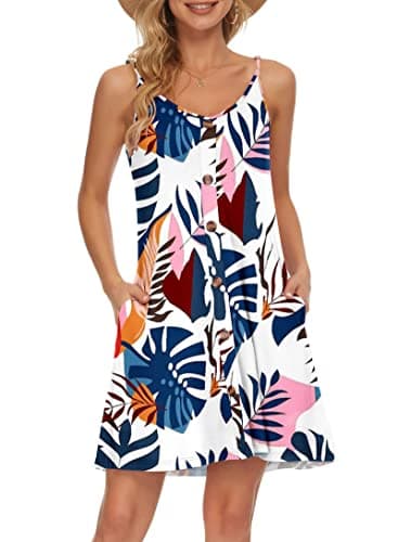 WNEEDU Women's Summer Spaghetti Strap Button Down V Neck Casual Beach Cover Up Dress with Pockets,Blue Plantain XL - Image 1