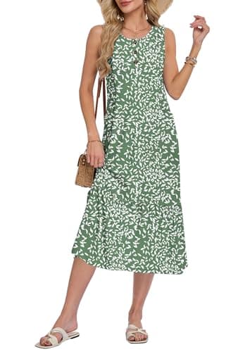 WNEEDU Womens Summer Dress 2026 Sleeveless Button Down Casual Loose Long Beach Sundress Travel Vacation Outfits,Flyleaf Olive,S