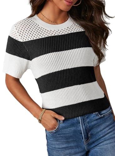 Dokotoo Womens Crewneck Tops Summer Casual Color Block Short Sleeve Blouses for Women 2026 Fashion Striped Knit Tops for Women Trendy T-Shirts Top White XX-Large - Image 1