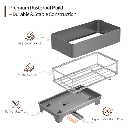 MOUKABAL Sponge Holder for Kitchen Sink – Rustproof Stainless Steel, 360° Rotating Drain Pipe, Large Counter Organizer with Drip Tray for Sponges, Brushes & Dish Cloths Grey - Thumbnail 3