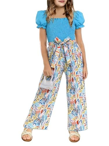 Kislio Girls Jumpsuit Kids Fashion Puff Sleeve Belted Wide Leg Romper One Piece Outfits Floral Smocked Girls Clothes - Image 1