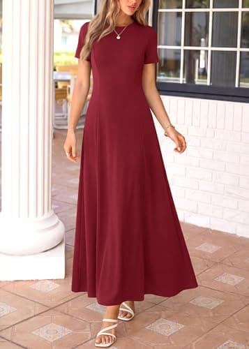 KIRUNDO Wedding Guest Dresses for Women 2026 Spring Summer Short Sleeve Pleated Long Flowy A Line Formal Maxi Dress Pockets(Burgundy, Small) - Thumbnail 4