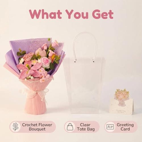 Glazeal Handmade Crochet Flower Bouquet, Artificial Crocheted Flower for Mom Grandma Girlfriend Teahcers with Flower Bag and Card - Thumbnail 3