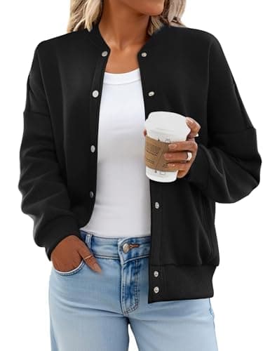 GEMLON Womens Button Down Sweatshirts Jackets Long Sleeve Casual Loose Outwear with Pockets Black 2XL - Thumbnail 2