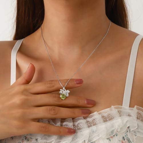 Aurora Tears Birthstone Rose Pendant Necklace - 925 Sterling Silver August Peridot Rose Cut Cubic Zirconia Flower Leaf Necklace Anniversary Birthday Jewelry Gift for Women Wife Mom Daughter DP0389A - Thumbnail 6