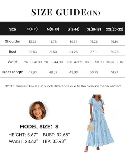 dowerme Maxi Dresses for Women 2026 Summer Ruffle Sleeve V Neck Smocked A Line Floral Boho Tiered Sundress Spring Outfit(Light Blue,Medium) - Thumbnail 6