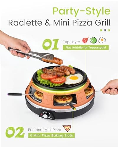 Saenchue Multifunction Raclette Grill & Mini Pizza Oven, 1200W Electric Pizza Oven with Flat Griddle Top, Indoor Grill with 6 Mini Pizza Baking Slots, Temperature Control, Personal Pizza Maker, PM-01 - Thumbnail 2
