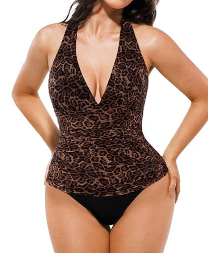 Popilush Leopard Halter V Neck One Piece Swimsuit Women Tummy Cnotrol - Image 1