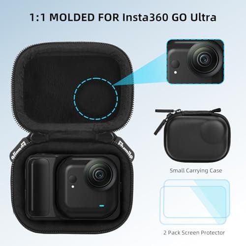 Flymile Small Carrying Case + 2 Pack Screen Protector for Insta360 GO Ultra, PU Hard Portable Travel Storage Bag With Carabiner & Wrist Strap, Tempered Glass Film Protective Lens Cover Accessories Kit - Thumbnail 2