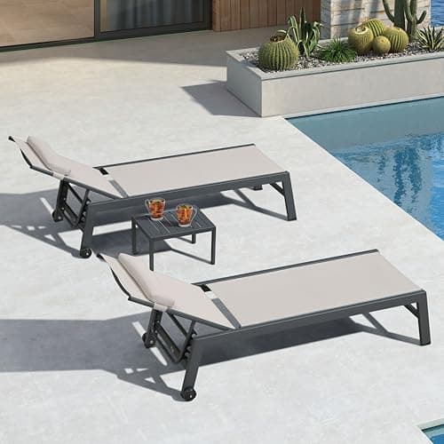 PURPLE LEAF Outdoor Lounge Chair Set of 3 Patio Chaise Pool Lounger Aluminum Frame with Side Table and Wheels for Outside Sunbathing Tanning Recliner Including Pillows Beige - Thumbnail 3