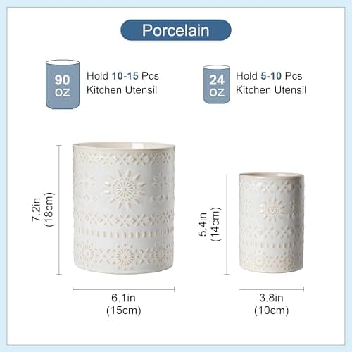 LOVECASA Utensil Holder, 7.2"+5.4" Ceramic Utensil Holder for Countertop, Large Cooking Utensil Crocks for Kitchen Counter, Farmhouse Utensil Vase for Housewarming, Kitchen Decor, Set of 2, Oasis - Thumbnail 2