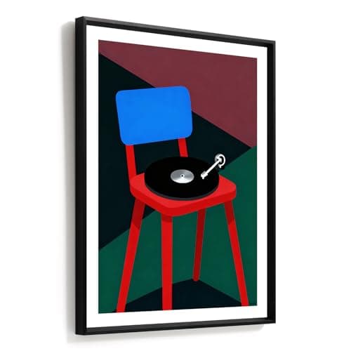 Framed Abstract Music-Inspired Wall Art for Living Room, 12x16 Inch Modern Chair and Vinyl Print, Minimalist Geometric Artwork with Matte Black Metal Frame, Bedroom Office Decor - Image 1
