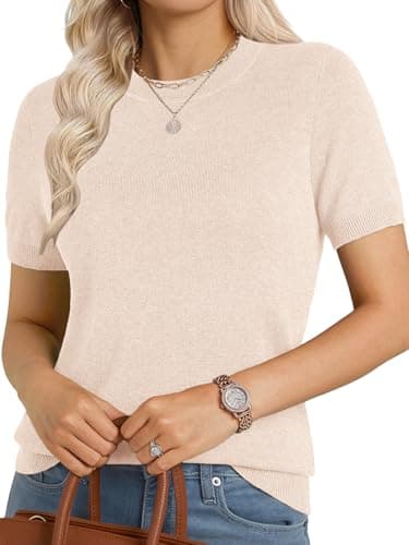 GKBK Short Sleeve Sweaters for Women Wool Blend Crew Neck Knit Pullover Lightweight Business Casual Summer Sweater Top 2026 FAL Fashion Outfits Apricot - Image 1