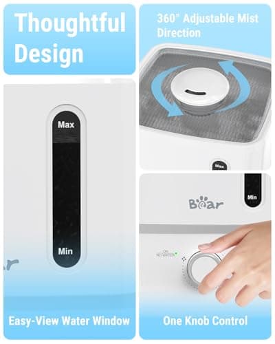 Bear Humidifiers for Bedroom, 2.5L Cool Mist Humidifiers and Oil Diffuser, Quiet Rapid humidifiers for Home Whole House, with Adjustable Mist Output and Auto Shut-off, White - Thumbnail 6