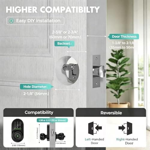 HEI LIANG Smart Door Knob with Keypad,5-in-1 Biometric Fingerprint Door Lock,Keyless Entry Door Lock for Bedroom Office Apartment,App Control,Auto Lock,Fits Standard Doors,Dark Black - Thumbnail 3