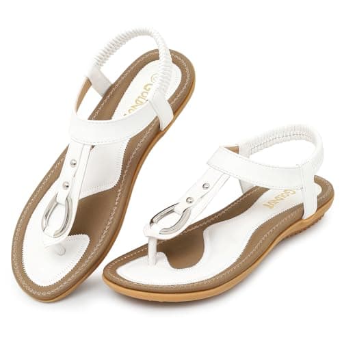 Goldnut Women's Comfortable Flat Sandals Dressy - Summer White T-Strap Thong Sandals with Elastic Ankle Strap, Casual Walking Shoes for Beach Size 8 - Image 1