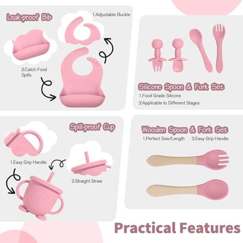 Baby Led Weaning Supplies, 17 Piece BPA-Free Silicone Feeding Set, Eating Essentials Baby Utensils with Suction Plate and Bowl, Pocket Bib, Sippy Cup with Lid, for 6+ Months, Pink - Thumbnail 4