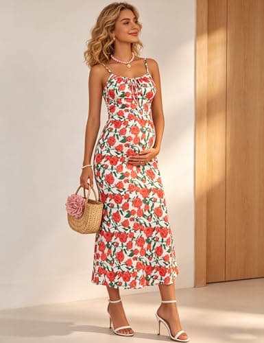 Yissang Maternity Dress Floral Print Spaghetti Strap Ruched Mermaid Maxi Dress for Baby Shower Casual Daily Wear - Thumbnail 6