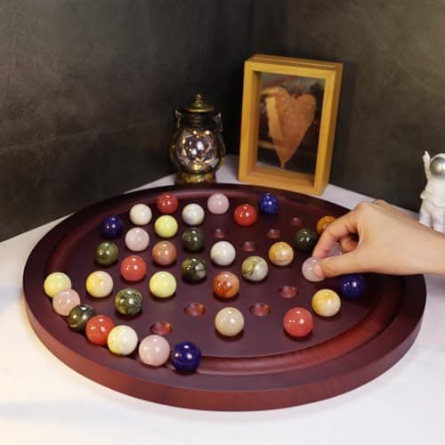 HOROW 15.7 Inches Large Marble Solitaire Board Game Wooden Classic Natural Stone Marbles Solitaire Game Set Containing 36 Colored Natural Stone Marbles Strategy and Smart Games (Red Peach Color) - Thumbnail 6