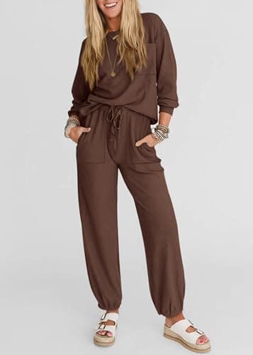 KIRUNDO Lounge Sets for Women 2026 Spring Airport Travel Outfits Ribbed Knit Tops Jogger Pants Tracksuit Postpartum Comfy Set(Coffee, Medium) - Thumbnail 4