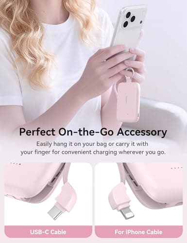 RORRY Portable Charger, 10000mAh PD 30W Fast Charging Portable Charger Power Bank with Built-in Cables, Travel Keychain Charger Battery Pack for iPhone 17/16/15/14/13/12, for AirPods 2/3/4/Pro, Pink - Thumbnail 2