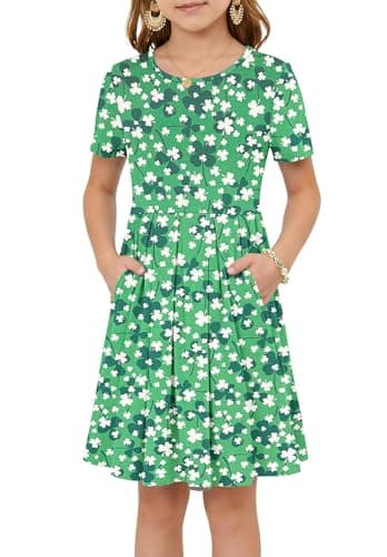 Girls Summer Short Sleeve Dress Kids Casual Crew Neck Pleated Loose A Line Swing Knee Length Cute Dress with Pockets Green Wihte Flower XS - Image 1