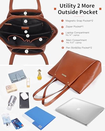 Blofinche Large Leather Tote Bag for Women with Multiple Pockets, 15.6 Inch Laptop Bag for Work & School, Structured Organized Teacher Bag, College Purse with Handles, Brown - Thumbnail 4