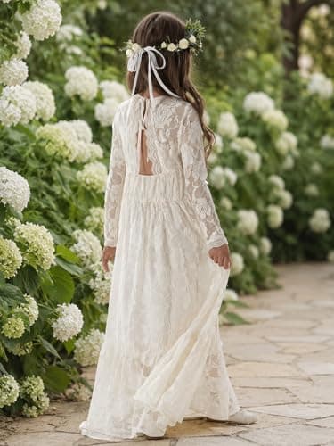 ALLOVIN Toddler & Girls Long Sleeve Lace Flower Girl Dress Maxi Boho A-Line Dress for Wedding Baptism 1st Communion | Ivory | 6-7Y - Thumbnail 5