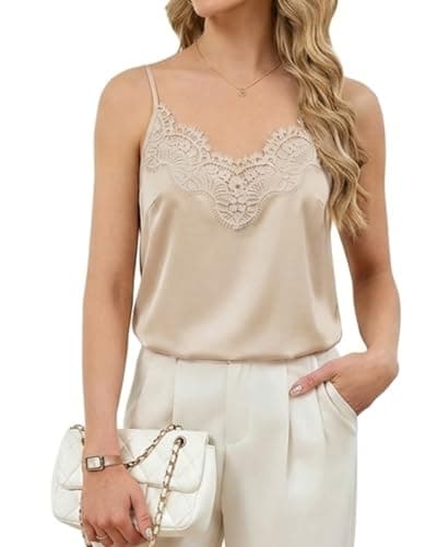 Silk Camisole Tops for Women Satin Cami Adjustable Strap Spaghetti Strap Silk Tank Tops Office Wear V-Neck Satin Lace Trim Cami Business Casual (US, Alpha, Small, Regular, Regular, Apricot) - Image 1